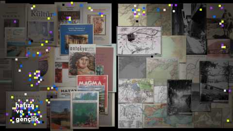 Tuğçe Tezer’in kişisel arşivinden, Hatay’a ilişkin harita, gravür, fotoğraf ve çizimlerden oluşan bir kolaj.