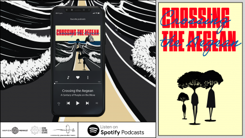 Crossing the Aegean podcast cover and mock-up image with an iPhone showing the trailer episode on Spotify.
