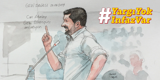 Can Atalay'ın savunmasını yaparken görüldüğü bir çizimle hazırlanmış kampanya görseli