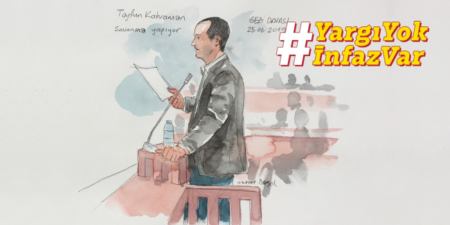 Tayfun Kahraman'ın savunmasını yaparken görüldüğü bir çizimle hazırlanmış kampanya görseli